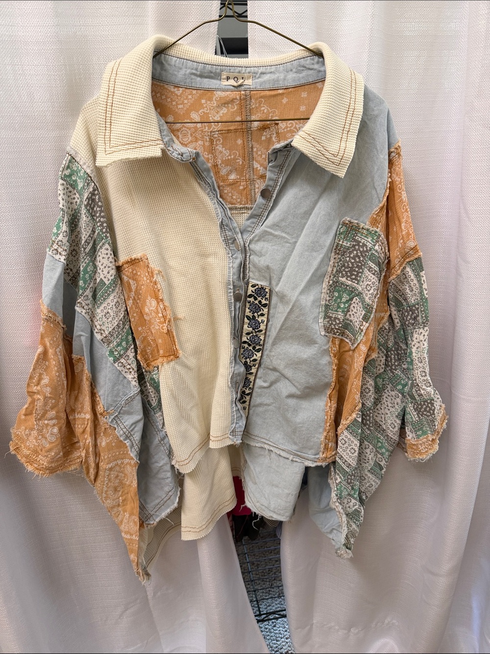 POL Women's Patchwork Jean Shirt in Cream, Light Blue & Mustard
